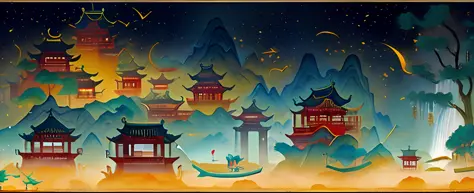 Image of Asian landscape，Ancient Chinese palaces，A palace in the sky surrounded by a lake,A waterfall cascades down from the building，Winding Chinese corridors，Look up at the city in the clouds，Glazed tile，Cornices，Brilliantly lit，Night view on a rainy day...