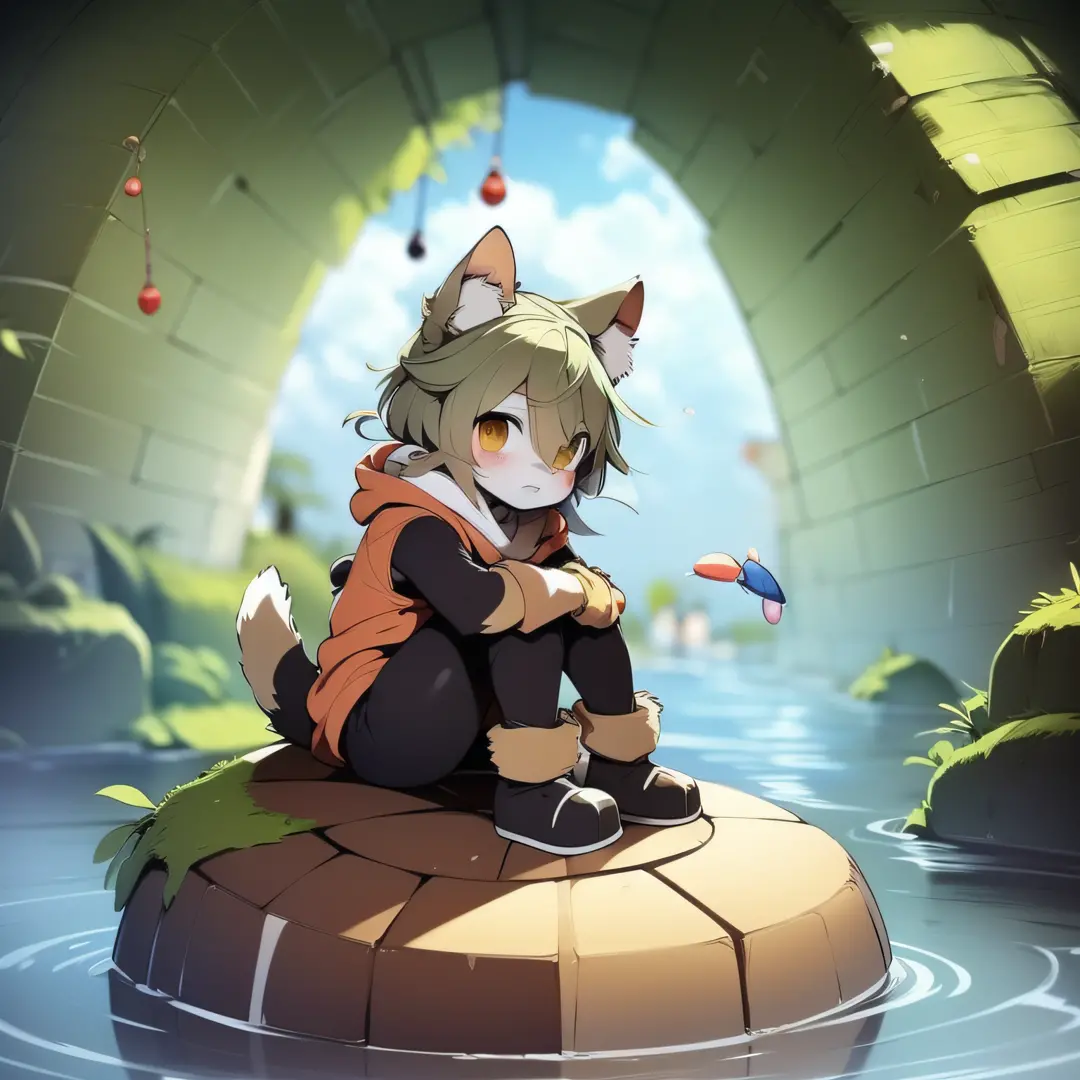 Anime boy sitting on rock wearing cat hat,, At the seaside, cute anime, high quality anime art style, anime visual of cute cats,...