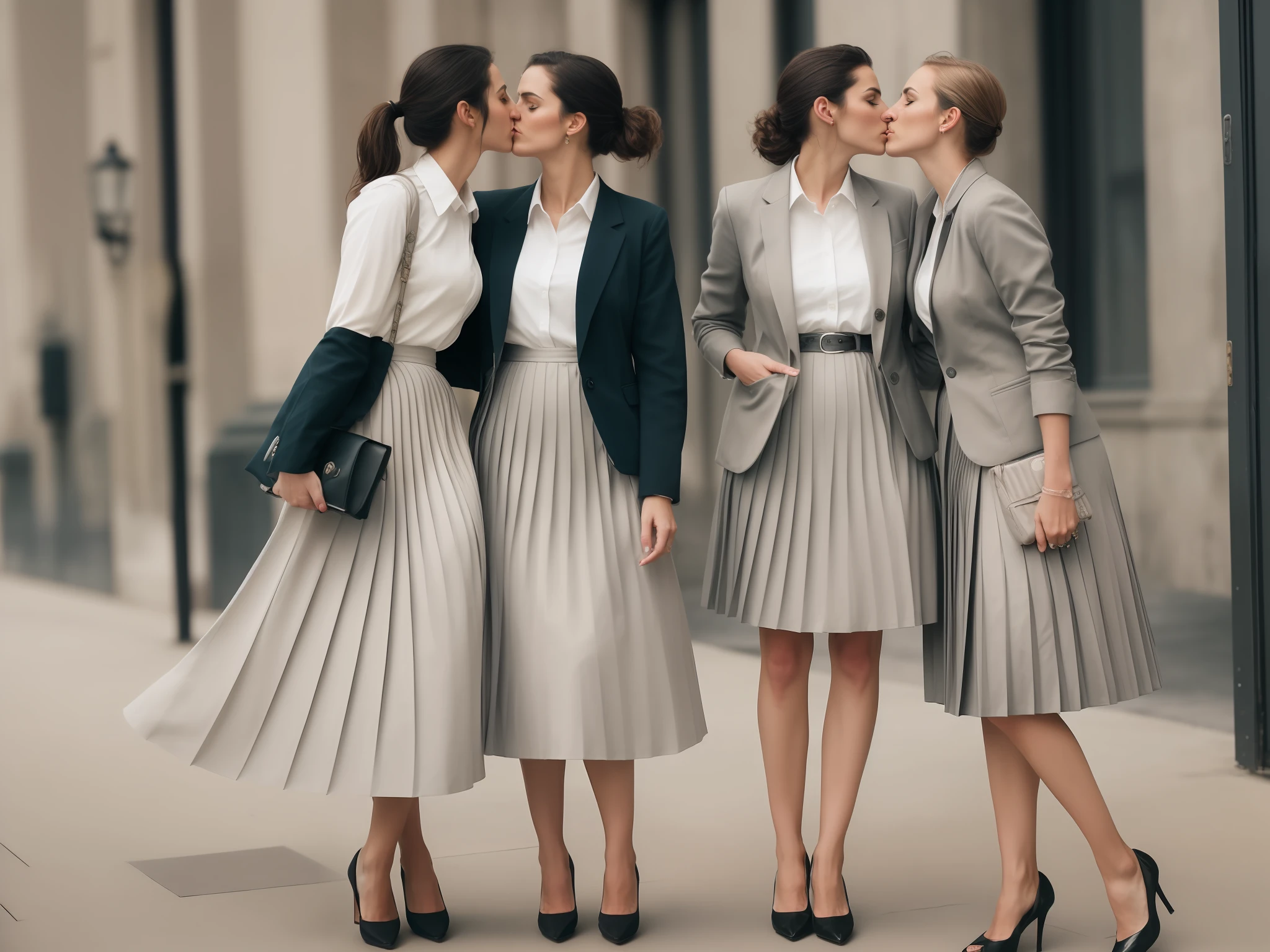 Three women in business attire kissing each other on the street - SeaArt AI