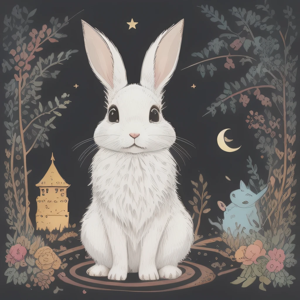 Picture book illustrations for children、Two rabbits crossing the bridge、White rabbit、biped、Rabbit personification、3 head body、Setting image、cuddly、Two rabbit ears、color illustration、Configuration Materials、Colorful colors、Deformed rabbit、18th century French clothing、