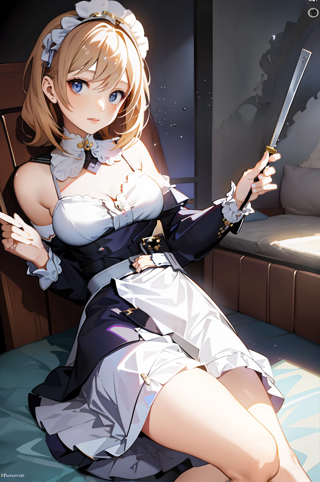 anime character sitting on a bed holding a knife and a mirror, loli in dress, gorgeous maid, seductive anime girls, anime girl in a maid costume, ALSO, Maid outfit, cute anime waifu in a nice dress, cushart krenz key art feminine, splash art anime loli, trending on artstation pixiv, extremely detailed artgerm