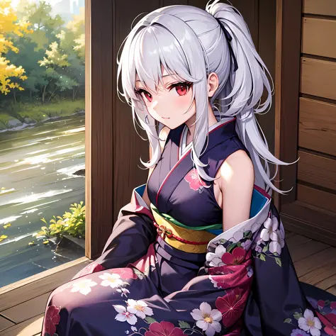 White-haired girl Ichi、Keeping hair together、Red Eyes、kimono ,、off-the-shoulders、Sitting