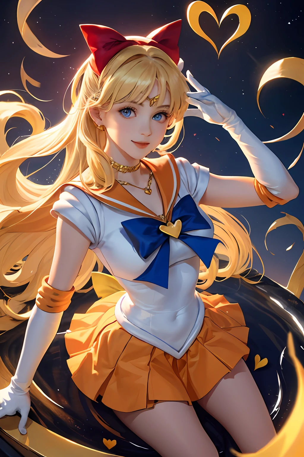 （MasterPiece，best best quality;1.3），Extremely Detailed CG，Ultra-Detailed，1girle，solo，Sorrisos，looking at the viewers，Stylish Ungle，long blond hair，blueeyes，
SV1，Sailor Senshi Uniform，Orange skirt，Elbow Gloves，headpieces，ORANGE SAILOR COLLAR，red bow，Orange necklace，up of white gloves，jewellery，Seen from above，
dynamicpose， Face Focus， Venus， tornado， Abstract Background， Heartstorm， Hart beam， Heart bubbles， Heart bath， Halt Star， Heart flower， Heart lamp， The world of the heart， Heart background， galaxy background， Heart weapons， Heart aura，