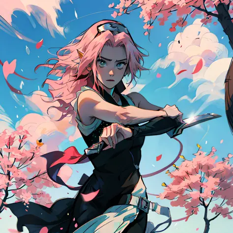 anime girl with pink hair and green eyes holding a sword, sakura haruno, the non-binary deity of spring, demon slayer rui fanart...