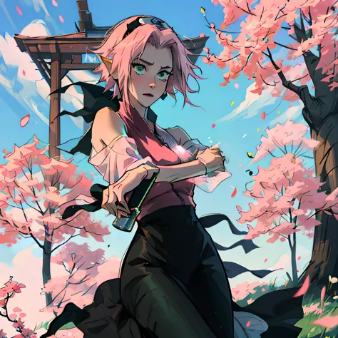 anime girl with pink hair and green eyes holding a sword, sakura haruno, the non-binary deity of spring, demon slayer rui fanart...