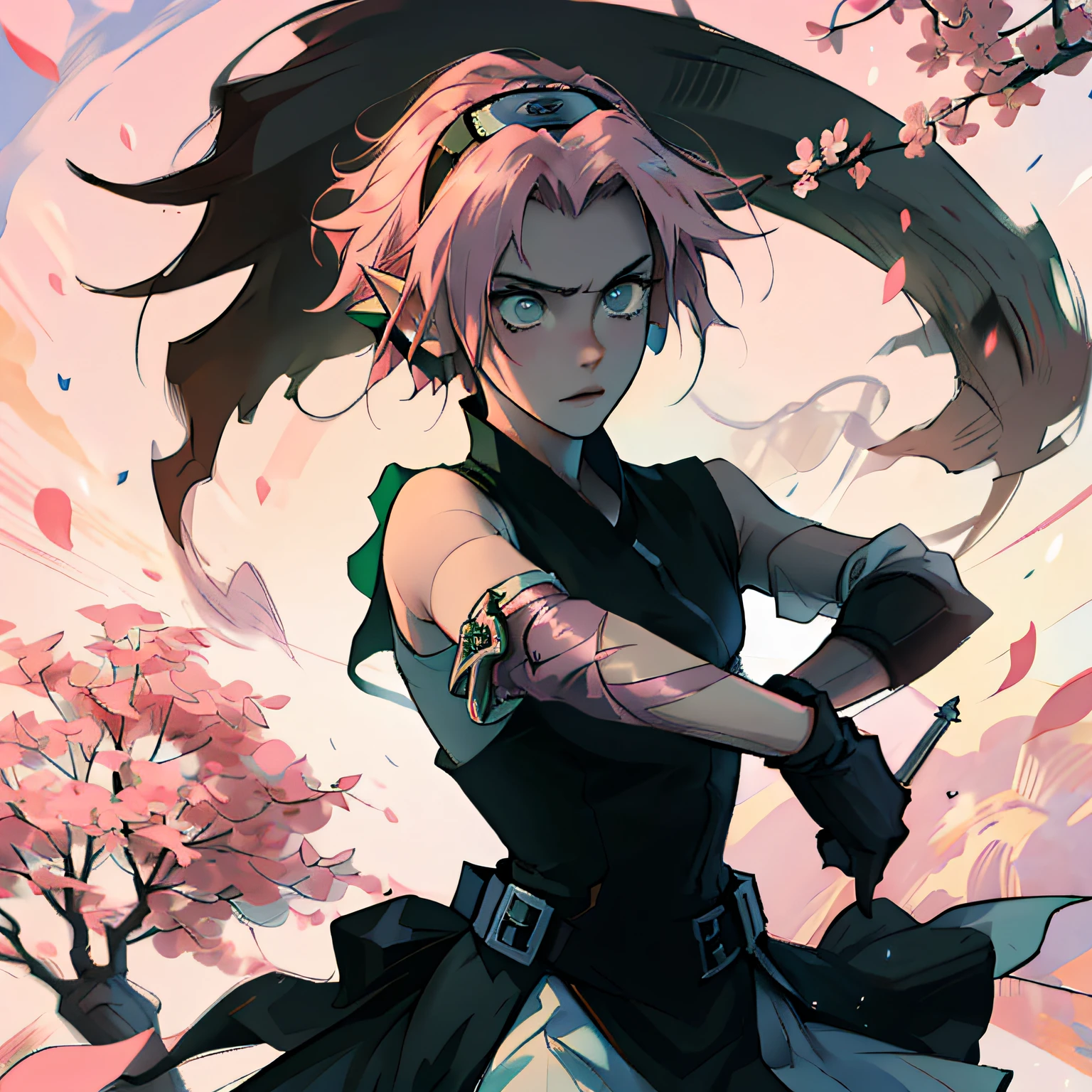 anime girl with pink hair and green eyes holding a sword, sakura haruno, the non-binary deity of spring, demon slayer rui fanart, Shirabii, elf girl wearing an flower suit, inspired by Nishikawa Sukenobu, sakura petals around her, cute anime waifu in a nice dress, pink white and green --auto