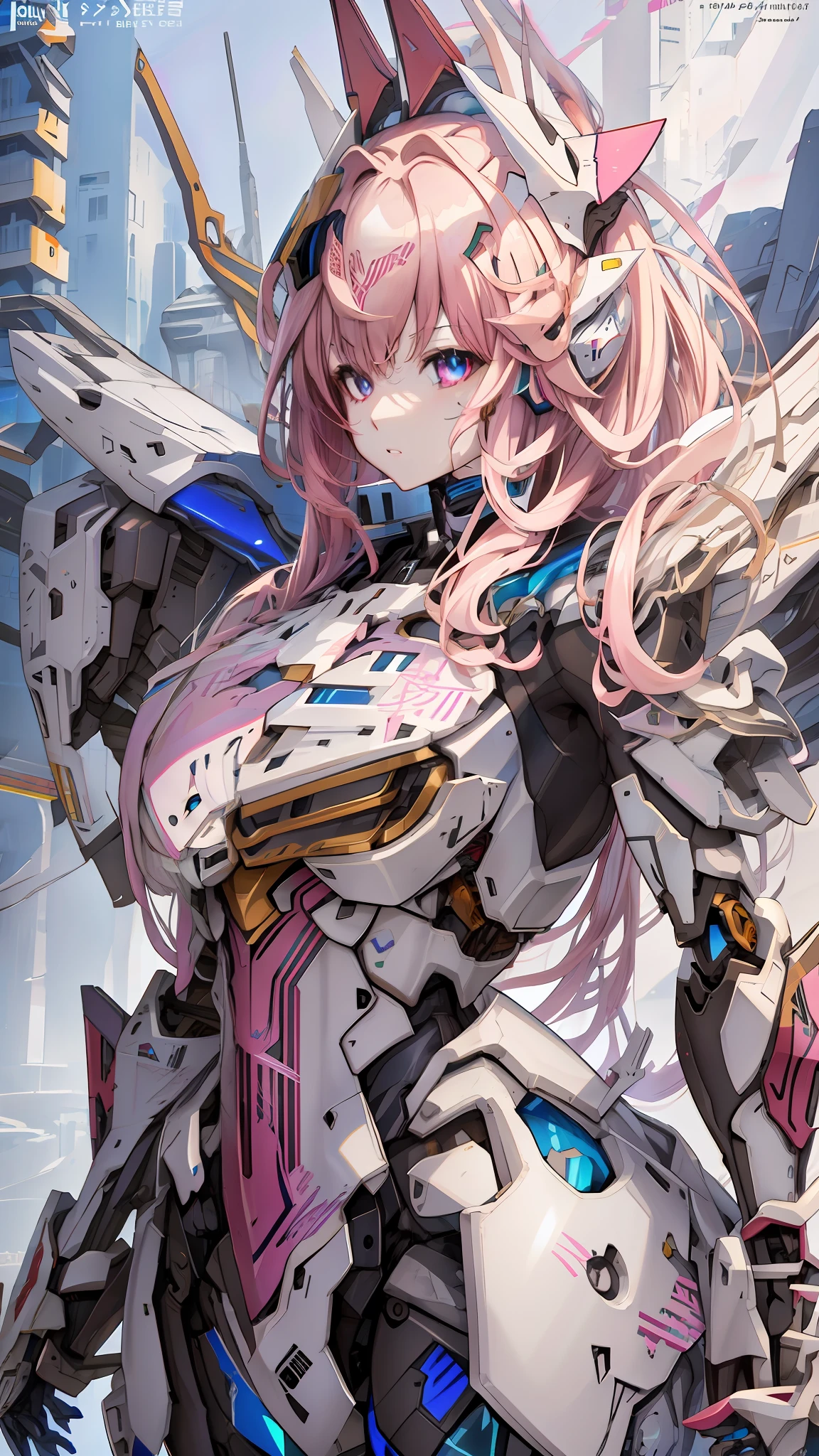 anime character with pink hair and blue eyes standing in front of a city, best anime 4k konachan wallpaper, mechanized Valkyrie girl, girl in mecha cyber armor, female mecha, anime mecha aesthetic, anime manga robot!! anime girl, mecha asthetic, Fira white mecha, badass anime 8 k, portrait knights of zodiac girl