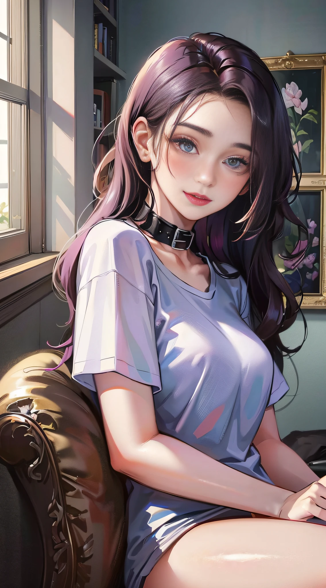 (higher resolution, distinct_image) The best quality, a woman, masterpiece, highly detailed, semi realistic, 21 years old, beautiful, young, handsome, t-shirt, lilac shirt pulled, collar on neck, interior, modern room, window, wake up, morning, blush, smiling