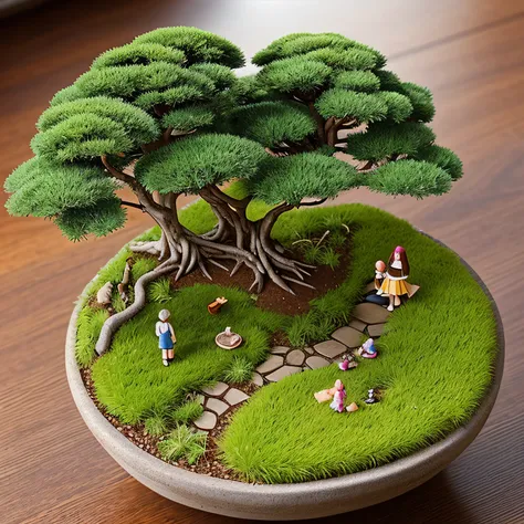 Miniature Bonsai landscape with dolls on top of Realistic, Photography ...