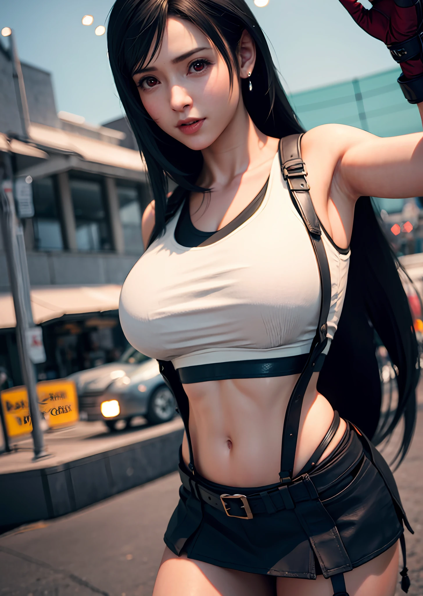 (Photorealistic: 1.4), top quality, very delicate and beautiful, high resolution, 1girl, tifa_lockhart, smile, cowboy shot, suspenders, low rise, mini skirt, tank top, tense shirt, black hair, long hair, elbow gloves, beautiful detailed red eyes, face light, movie lighting, navel, high exposure, abdomen exposure, ribs, abs, ( gigantic breasts: 1.2), dynamic poses, dynamic angles,