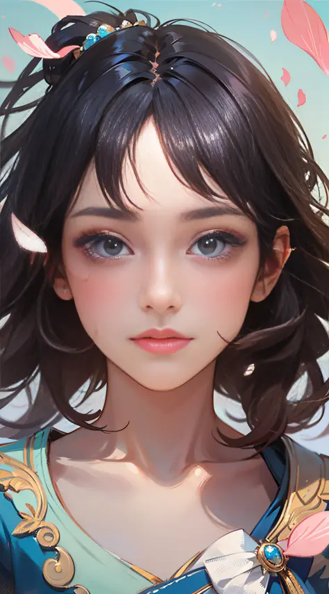 (best quality, masterpiece, ultra-realistic), 1 beautiful and delicate portrait of a girl, playful and cute, with floating petal...