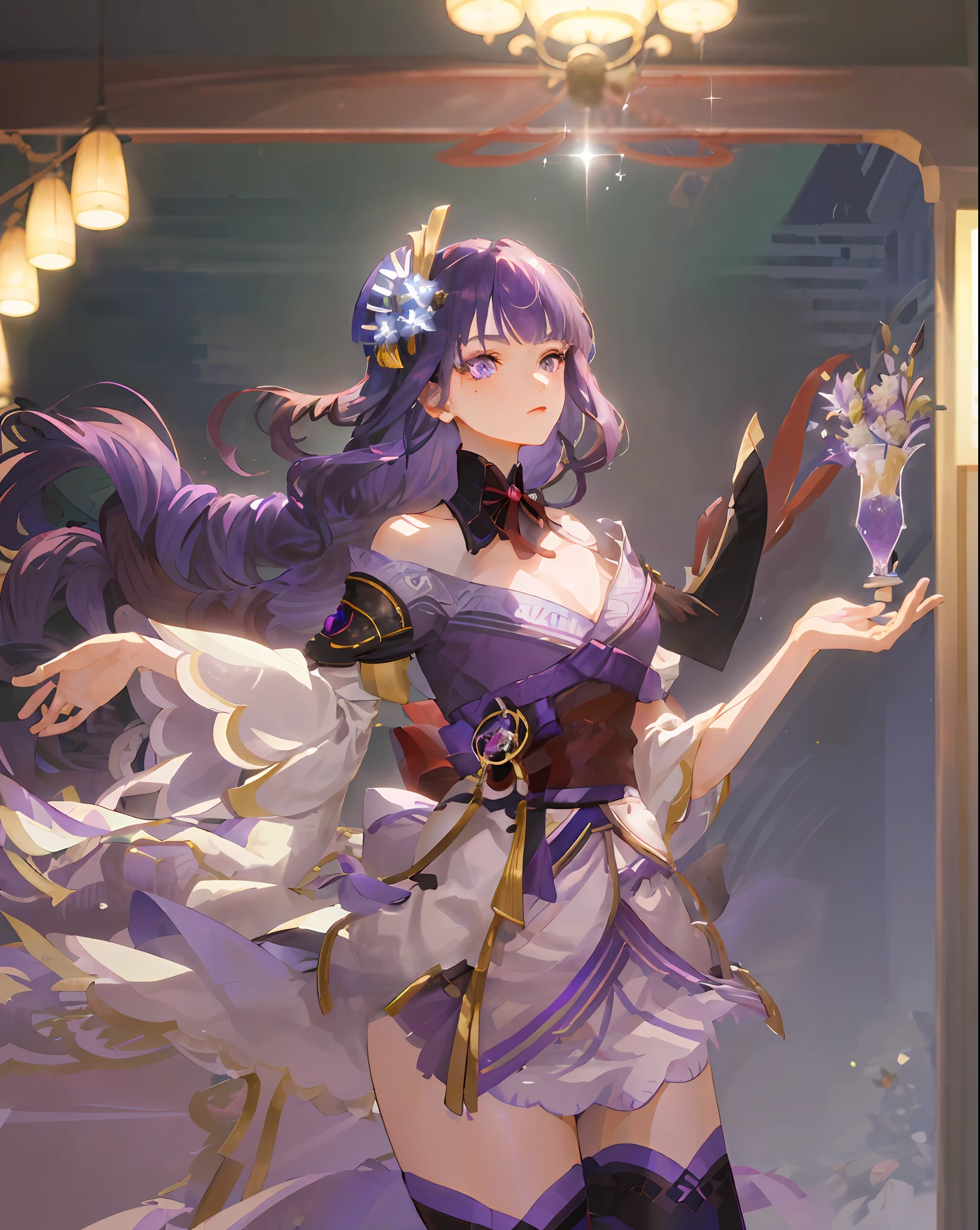 ((masterpiece)), ((high detail)), 1girl, ((ultra-detailed)), ((delicate face)), beautiful and delicate eyes, gradient hair, hair between the eyes, GSHead, 1girl, solo, purple hair, genshin_impact, black_background, look at the audience, Puff sleeves white purple long skirt, off-the-shoulders, waist seal, delicate fingers,