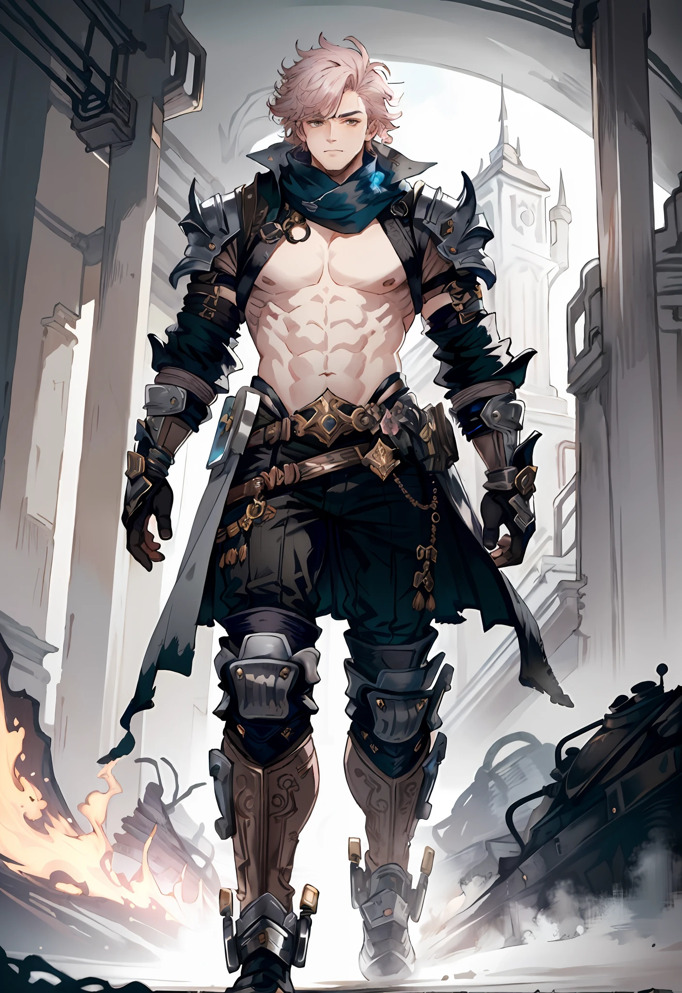 masterpiece,best quality,painting of a man,((technomancer, intricate outfit, Light Gray theme)),smug look,burly bulky man,short hair,Champagne Pink hair,hair,Rosy Brown eyes,very tall,polar,intricate background,dynamic pose,action scene