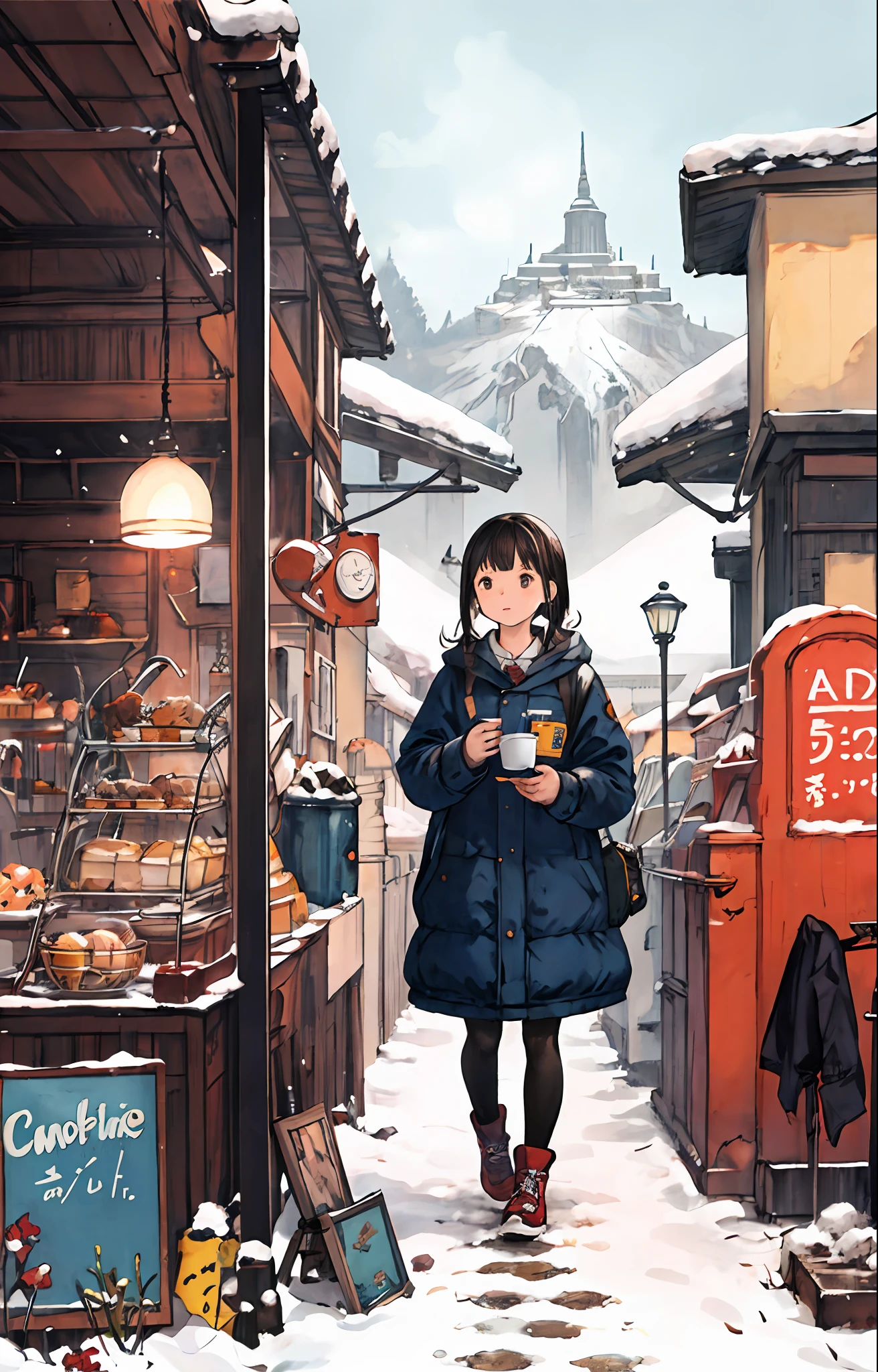 最高品質, 詳細な背景, 女の子,海, カフェテリア, 鳥, 雪, 冬,