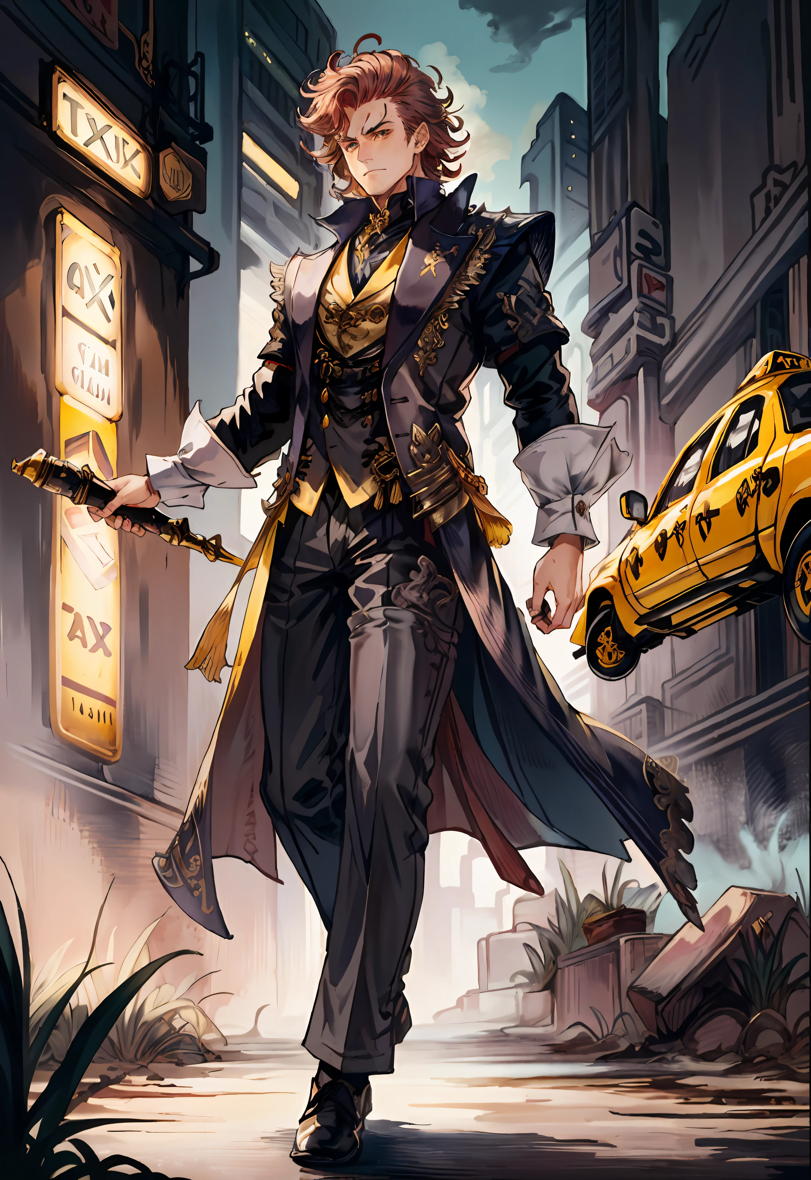 masterpiece,best quality,painting of a man,((vancian magician, intricate outfit, Taxi Cab Yellow theme)),frown look,active lanky man,big hair,Wine Red hair,hair,Templeton Gray eyes,tall,volcanic,intricate background,dynamic pose,action scene