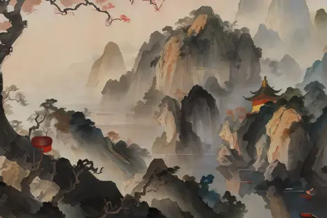 painting of a mountain landscape with a lake and a pagoda, chinese landscape, detailed scenery —width 672, inspired by Ma Yuan, chinese style painting, chinese painting style, inspired by Huang Binhong, chinese watercolor style, (mist), japanese landscape,...