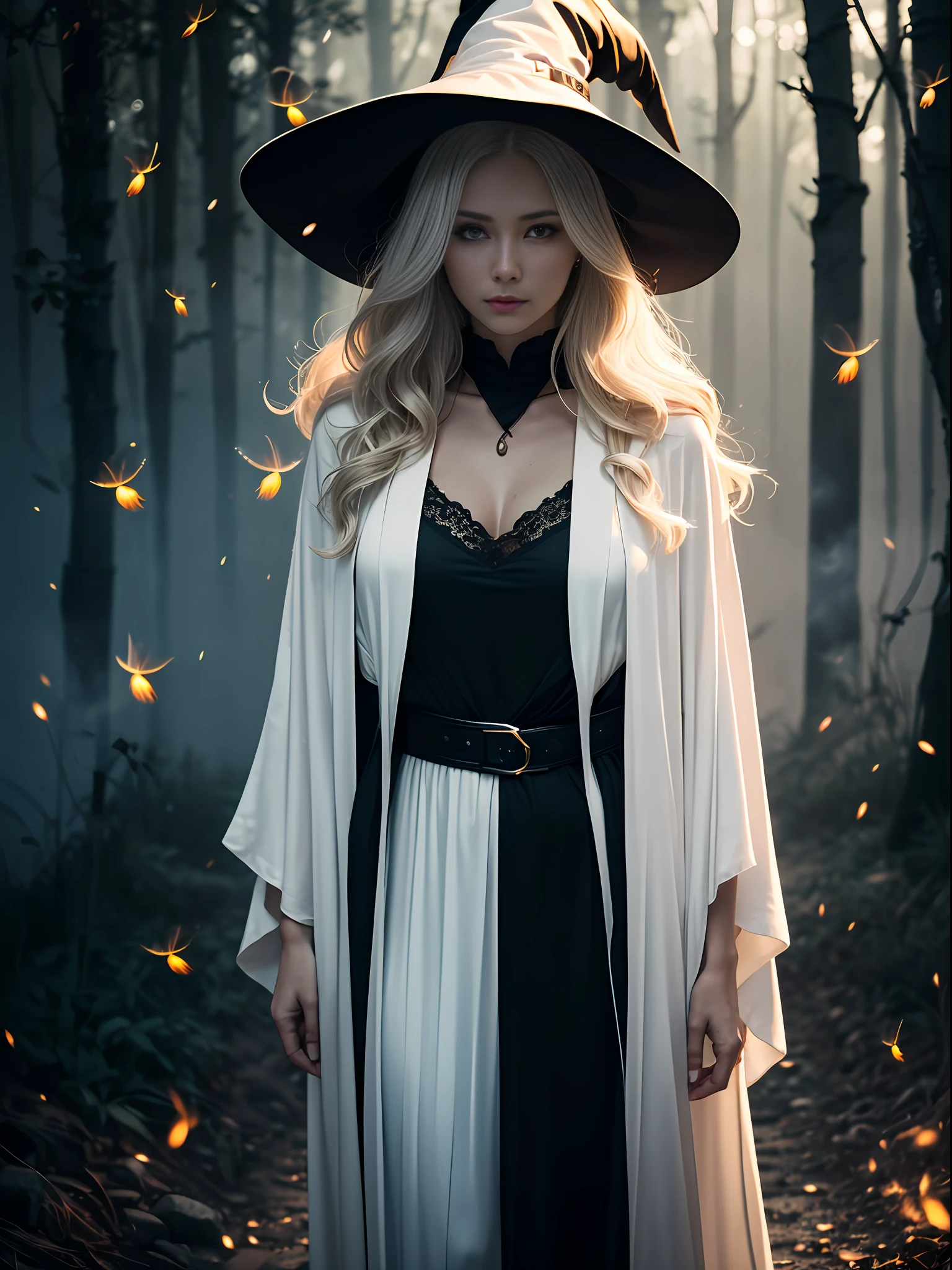 RAW photo, one person, skin invisible, full body photo of 60 year old woman, witch, Sensual beautiful woman with round cheeks, realistic facial expression, light red eyes, pale skin, wavy white hair, long hair, witch hat, white skin, slender body, wearing full body black robe with rich decoration, confident expression, (fireflies, glowing particles, ethereal fog, faint darkness), high saturation, film light, rim light, best shadows, pointing here, background is urban ruins, (very detailed skin: 1.2), 8k UHD, DSLR, soft lighting, high quality, film particles, fujifilm XT3