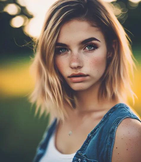 25 year old blonde (beautiful face:1.1), detailed eyes, luscious lips, riding horse, jean shorts and tank top,  (moody lighting:...