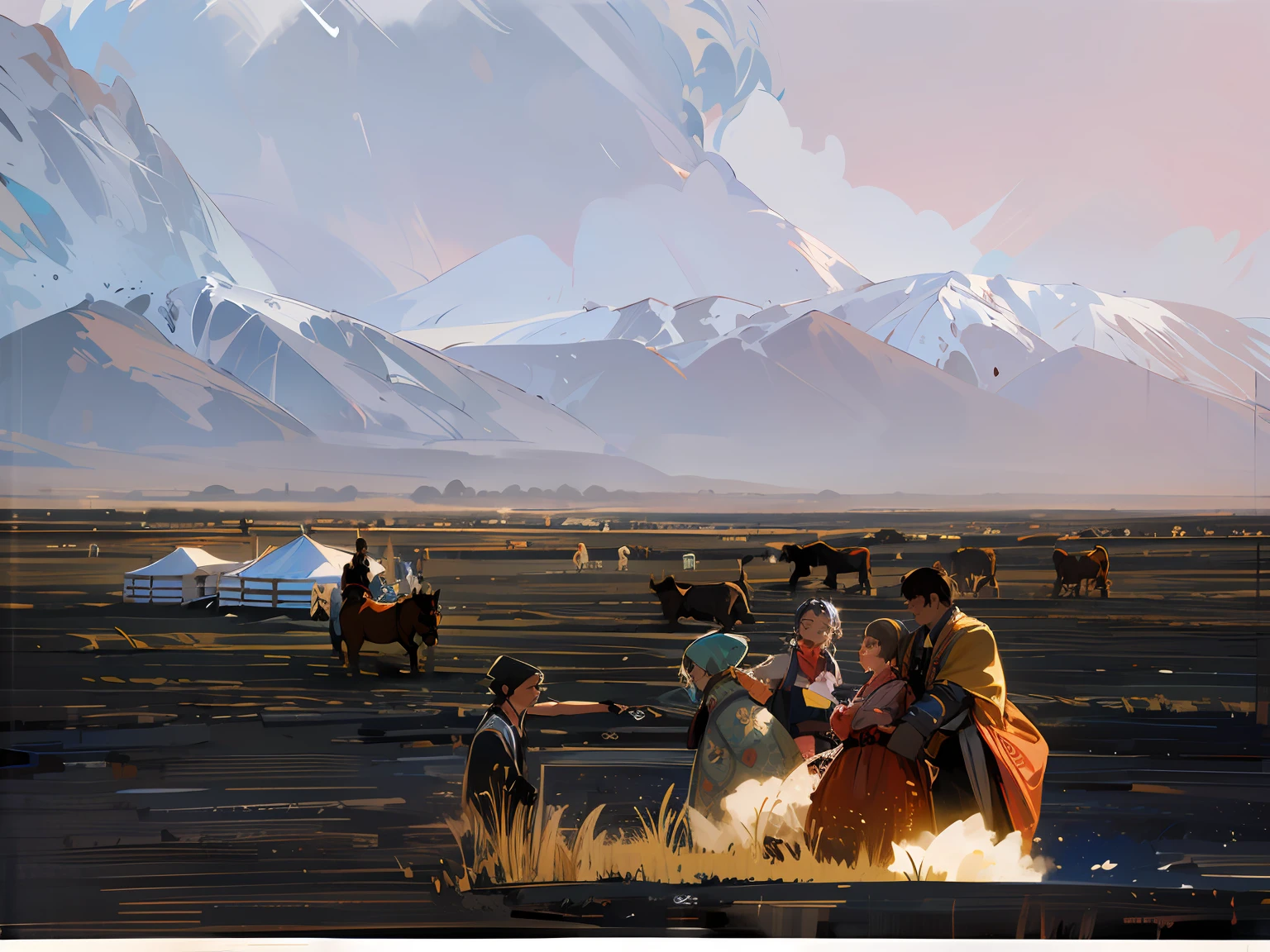 horses and riders are running in a field with mountains in the background, Author：Alexander Mann, in the steppe, cinematic silk road lanscape, sci - fi mongolian village, disco elysium concept art, rpg scene, inspired by Yuri Ivanovich Pimenov, concept art scene, illustration matte painting, mongolia, disco elysium art, disco elysium artwork,Green meadow ，Mongolian family，Mongolian costume，Anaglyph，Realisticstyle，modernistic，romanticism，Expressionism，Verism，light and shade contrast，cinematic Lighting，super high definition，High Details，8k，best qality，The focus is on the people