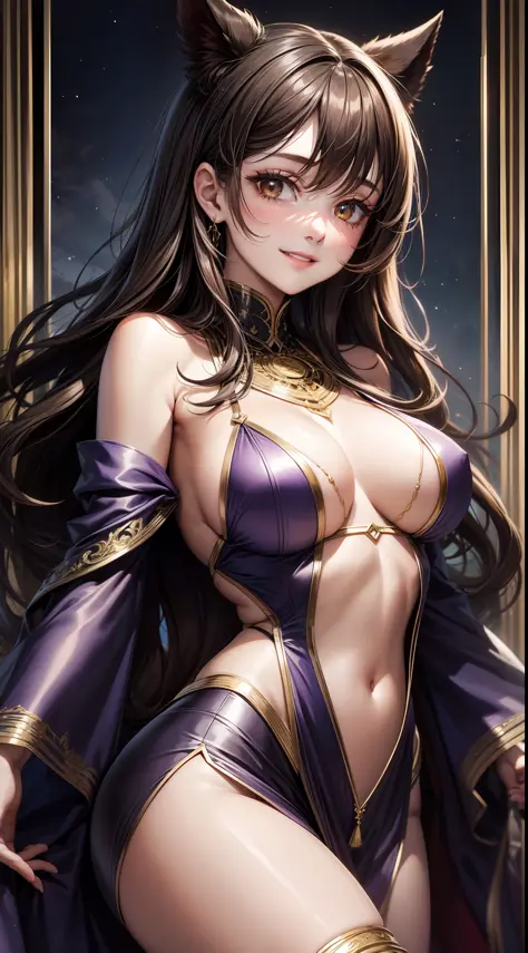 A young girl, long Brown hair, golden eyes, Summer robe, purple sleeveless top, open abdomen, inner boob, smile, masterpiece, high-quality