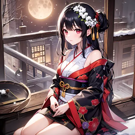 One girl with black hair、Red Eyes、kimono ,、Shoulders are protruding、Sitting、Moon and snow