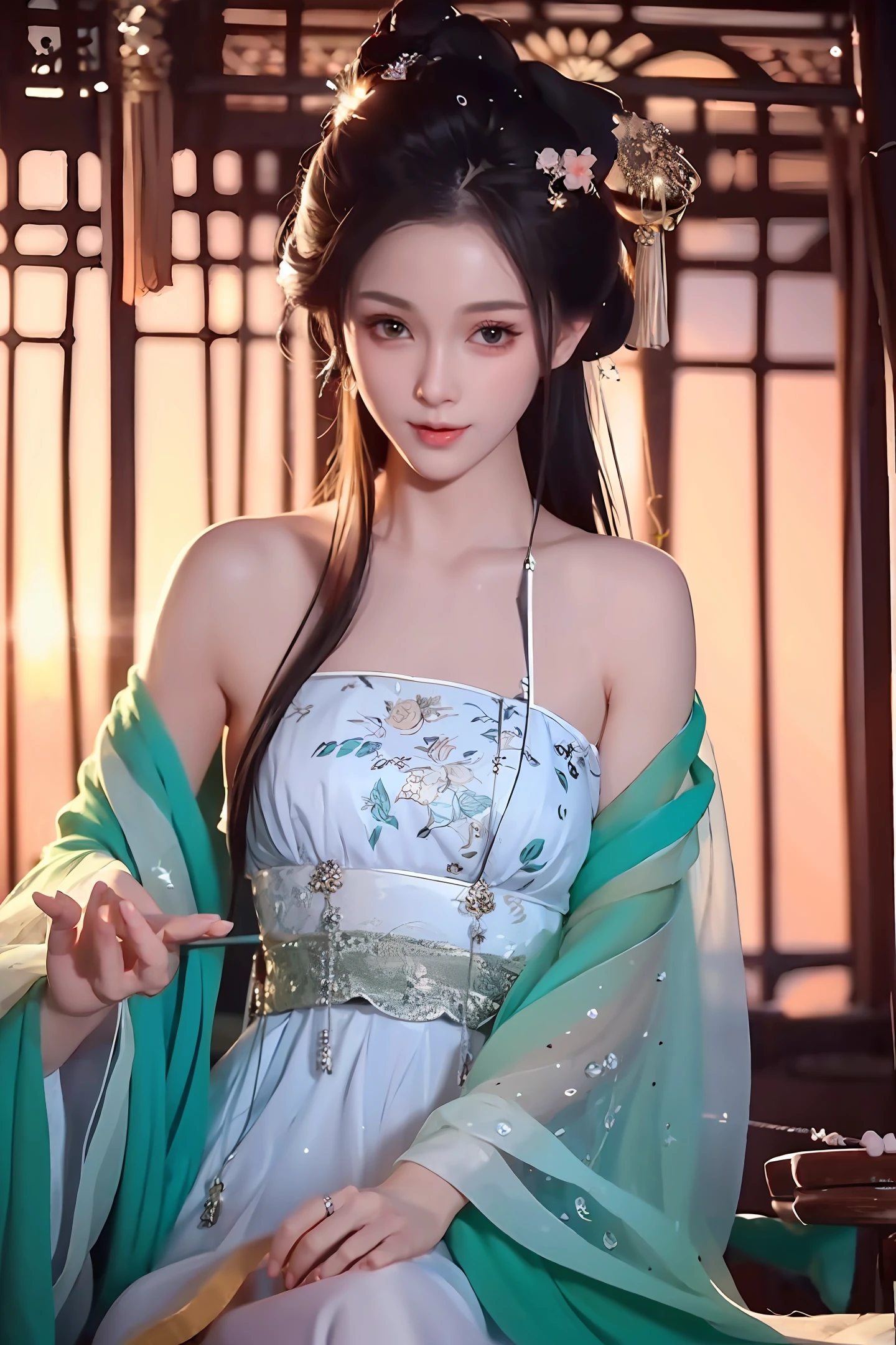 There is a girl in a green dress, plum blossoms, palaces, oriental architecture ray tracing, {best quality}, {{masterpiece}}, extremely detailed 8K wallpaper, {an extremely delicate and beautiful}, colorful, intricately detailed, Realistic, real, camera quality, (detailed depiction of clothes), cool white skin, (detailed depiction of blush), 1080p, sun, soft cuteness, smooth light silver hair, messy beauty, lighting, broken feeling, bright and silky skin , 3D stereoscopic, masterpiece, best quality, super fine illustration, beautiful eyes, very fine light, fine glow, very fine 8K CG wallpaper, peach eyes, red pupils, an extremely delicate and beautiful girl, 8k Wallpaper, best quality, full body close-up, white long dress, luxurious silky bright red chiffon floodlight (magic, glitter, ultra-thin, soft,) Hanfu