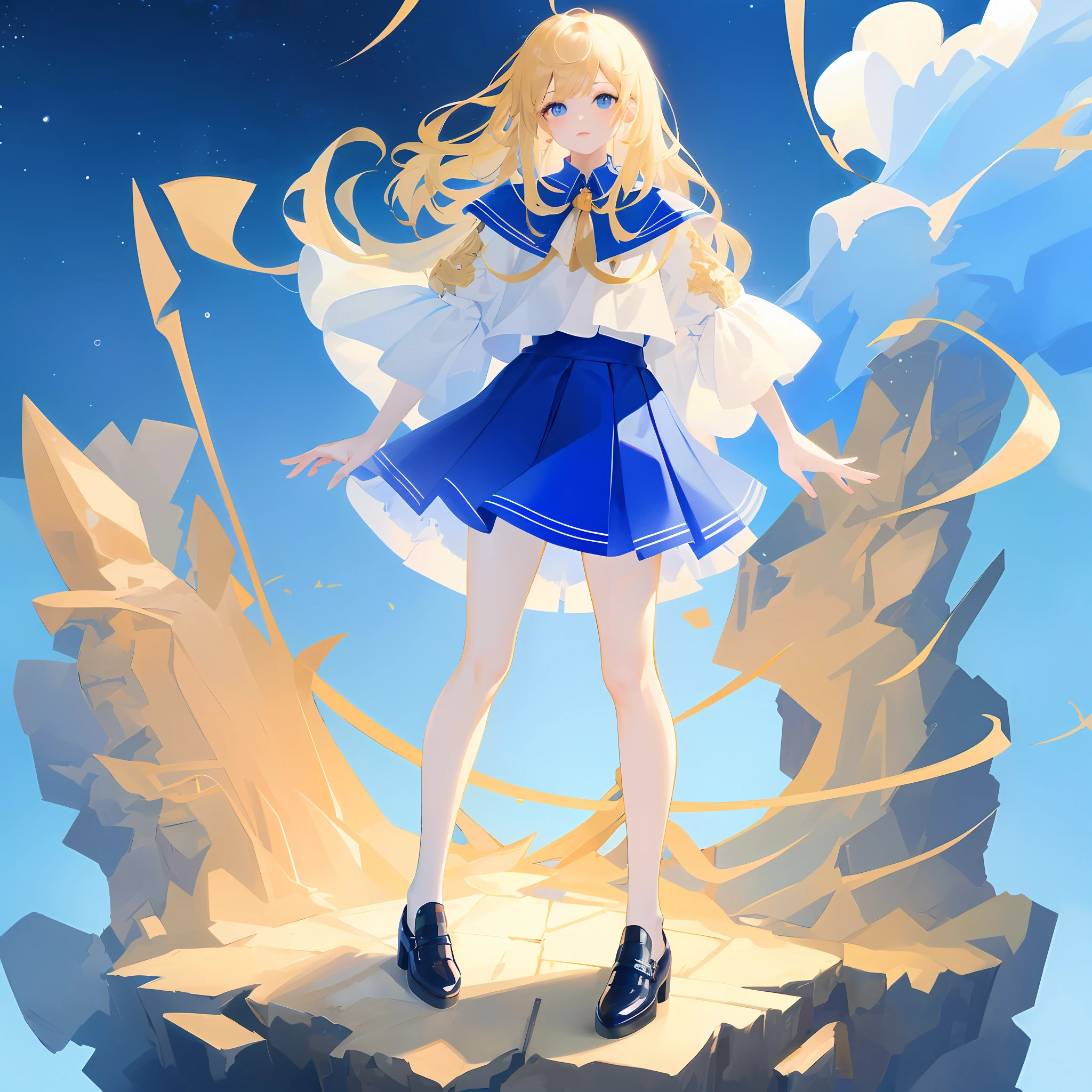 Short skirt in blue and white，shojo，blue eyes，Long blonde hair，FULLBODY，Blue mid-heeled leather shoes，the highest picture quality，Starry sky elements，Obra-prima，Beautiful CG，high light，natural beautiful light，hdt