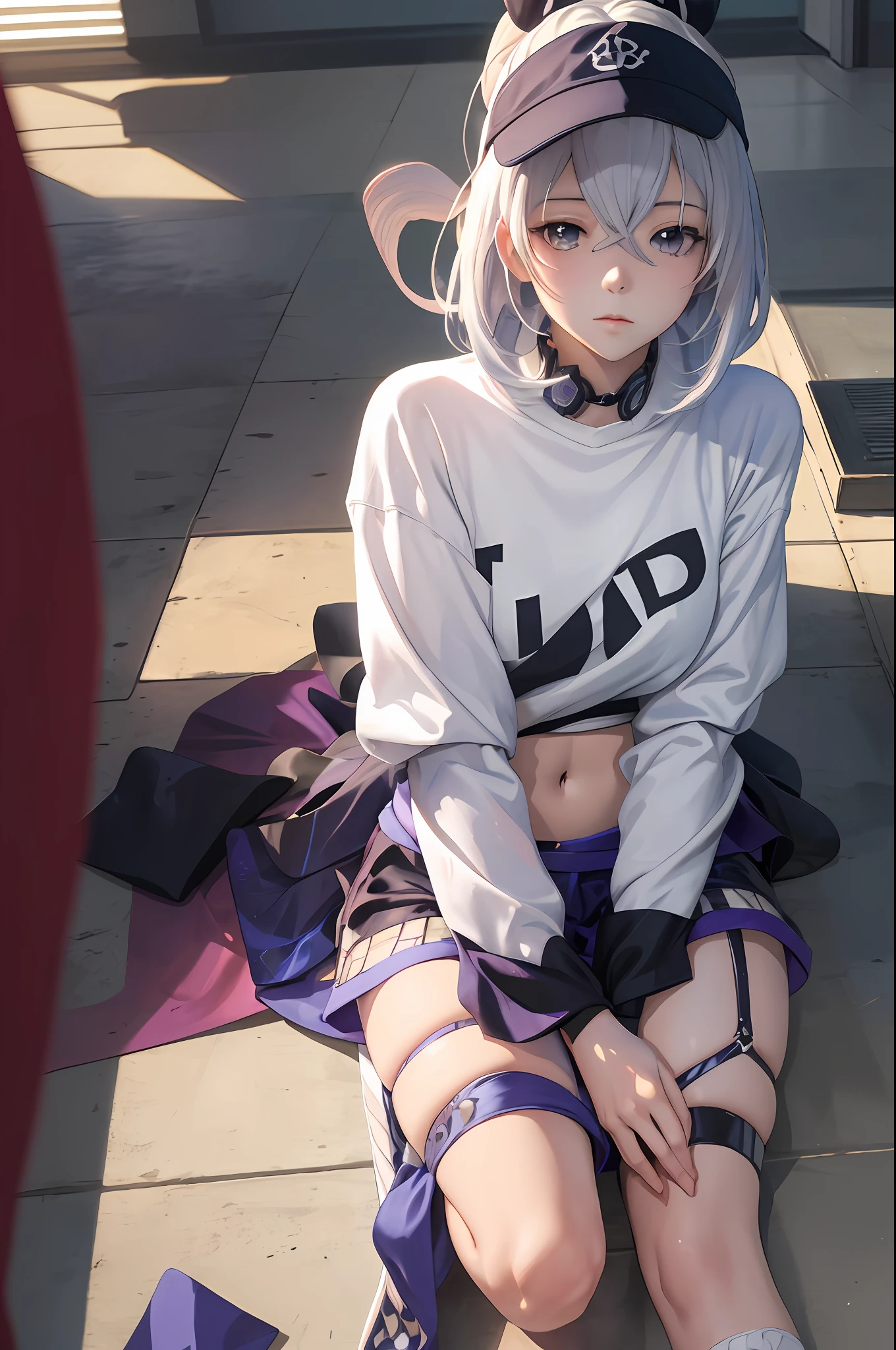 Anime girl with white hair and a white hat sitting on the floor, ecchi anime style, ecchi style, white haired girl wearing sweatshirt, [ 4k digital art ]!, beautiful high school anime girl, Ecchi, (anime girl), young realistic anime girl, realistic anime art style, anime style, anime style. 8k, attractive anime girls