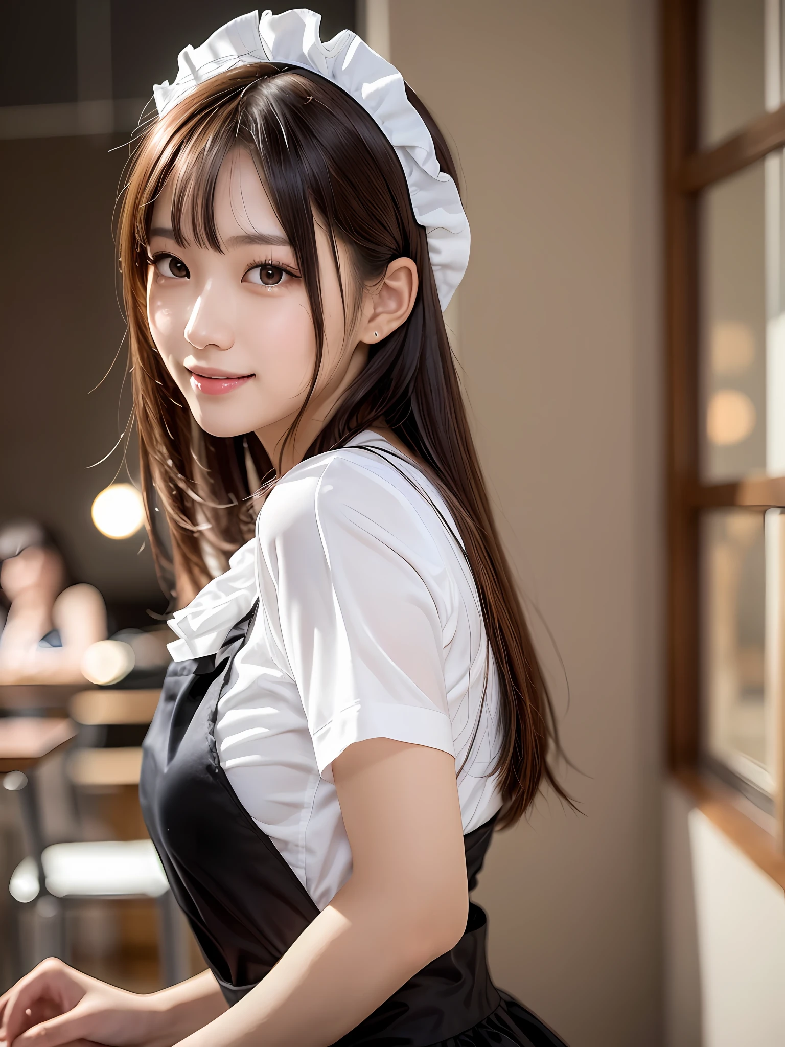 masterpiece, 1 girl per 1 photo, upper body shot, directly front view, a Japanese young pretty girl, wearing a short sleeve satin black cute maid costume in the cafe with a big smile, wearing a white frilled apron, wearing a white frilled headband, glamorous figure, hyper cute face, glossy lips, double eyelids in both eyes, Natural makeup, long eyelashes, shiny smooth light brown hair of long bob hair, asymmetrical bangs, tanned skin, central image, 8K resolution, high detail, detailed hairstyle, Detailed Face, spectacular cinematic lighting, octane rendering, vibrant, hyper realistic, perfect limbs, perfect anatomy