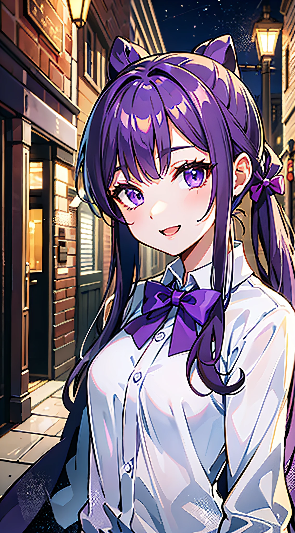 Obra-prima，, best qality, long hair, purple color  hair, purple Eyes, side ponytails, character close-up, Sorrisos,, + +, out door，, character close-up, NIGHT、, whiteshirt, the street、, bow Tie,