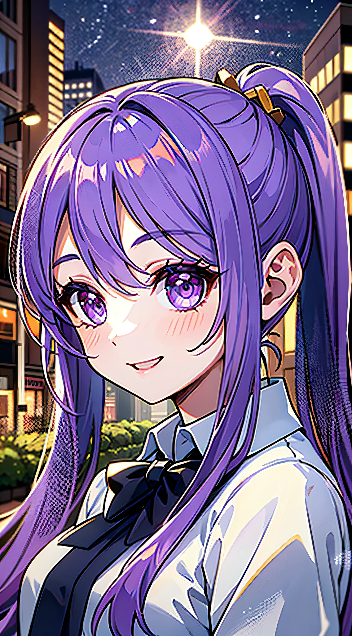 Obra-prima，, best qality, long hair, purple color  hair, purple Eyes, side ponytails, character close-up, Sorrisos,, + +, out door，, character close-up, NIGHT、, whiteshirt, the street、, bow Tie,