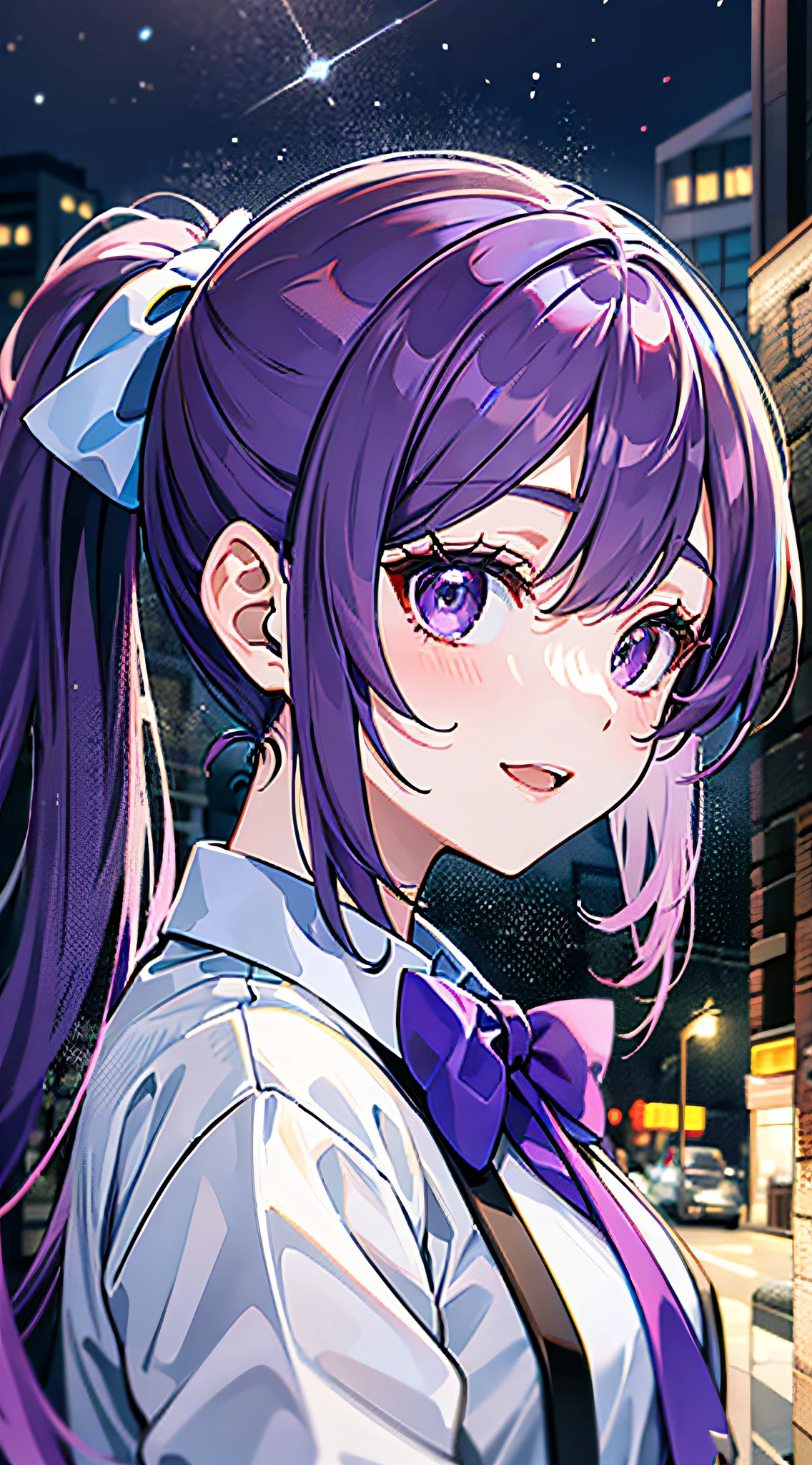 Obra-prima，, best qality, long hair, purple color  hair, purple Eyes, side ponytails, character close-up, Sorrisos,, + +, out door，, character close-up, NIGHT、, whiteshirt, the street、, bow Tie,