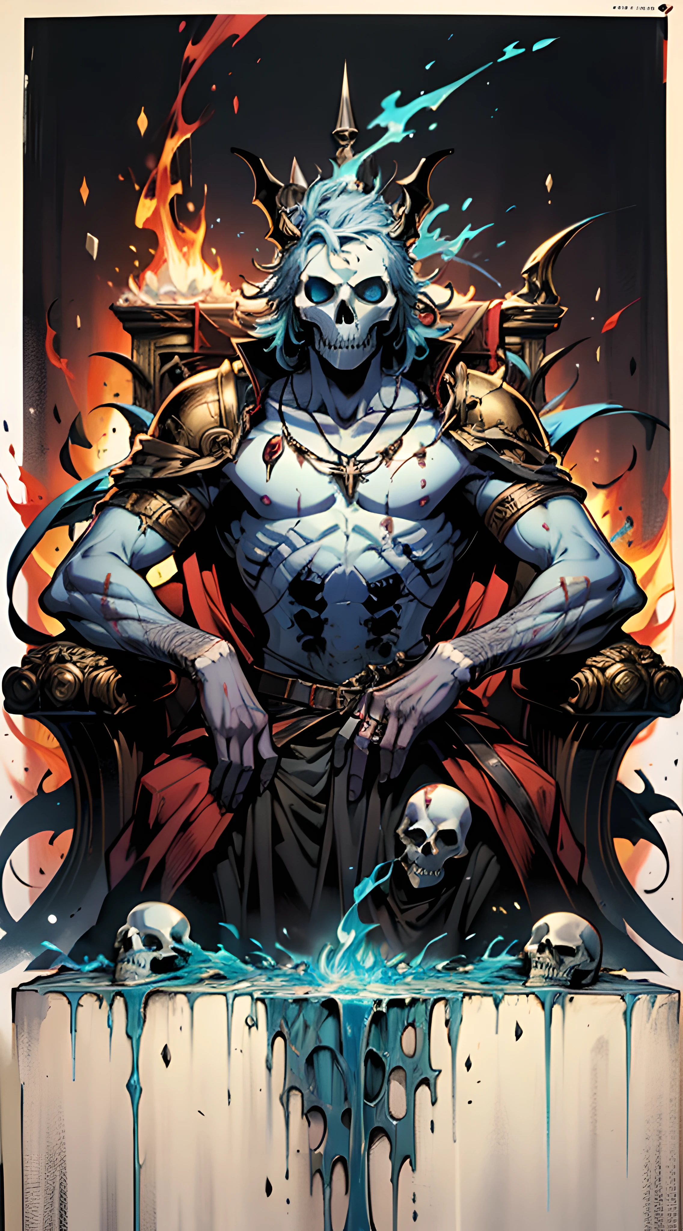 An anime poster featuring a dark skull as the protagonist， Evil and dangerous， Intricate and delicate armor on the upper body，Skull jewelry and necklace decoration， Lean figure，Fierce and empty flame eyes，Holding a blue flame sword，sitting on an royal throne，A large amount of blue fire erupted from the throne，Flow effects， fundo vermelho，Visual impact， The art of demons， Real human skeletons，Comic book style art， Light red and light black，action painting
