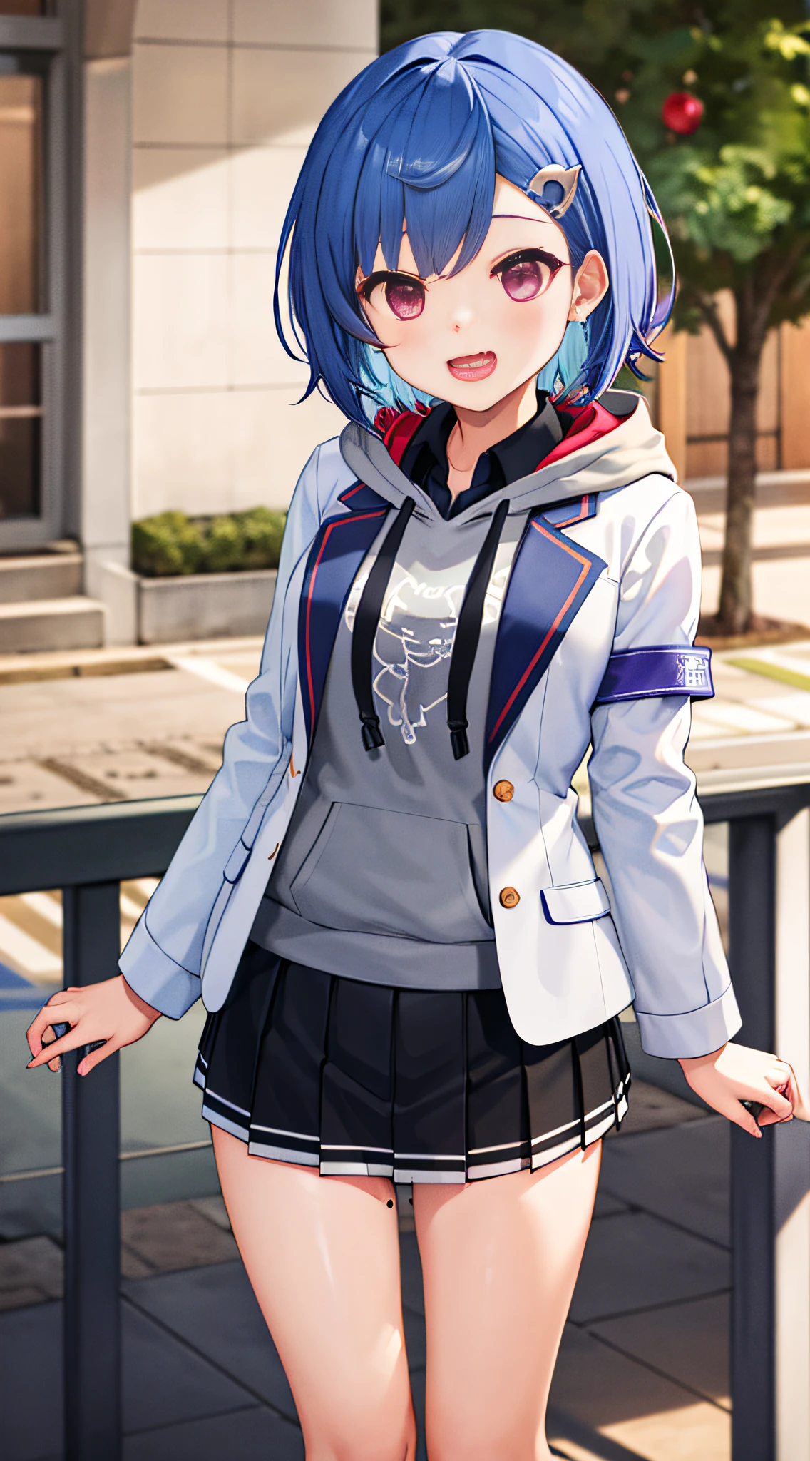 masterpiece, best quality, highres, 1girl, solo, grey hoodie, fang, blue hair, skin fang, blazer, short hair, white jacket, (mole on thigh:0.8), bangs, black skirt, hair behind ear, black socks, collared shirt, purple eyes, pleated skirt, armband, mole, hair ornament, open mouth, outdoors, smile,