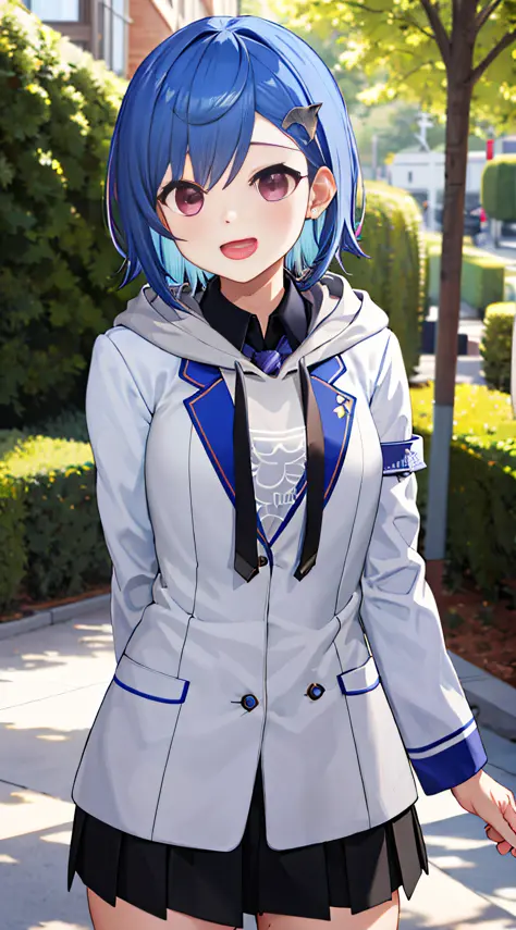 masterpiece, best quality, highres, 1girl, solo, grey hoodie, fang, blue hair, skin fang, blazer, short hair, white jacket, (mol...