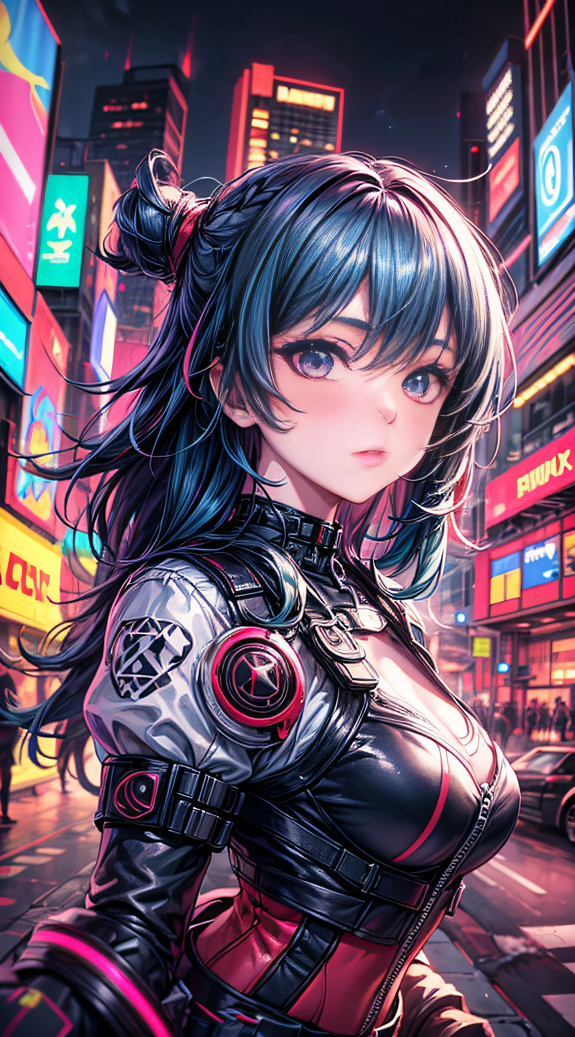 1girl,Creative hair,Rainbow Hair,City streets,fisheye,neon cold lighting, cyberpunk, blush, Waist Shot,Detailed face details,dynamic pose, rim lights,