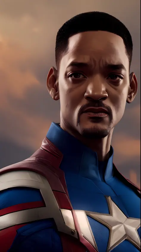 . .Tarantino style Will Smith as Captain America 8k, high definition, detailed face, detailed face, detailed eyes, detailed suit, in style of marvel and dc, hyper-realistic, + cinematic shot + dynamic composition, incredibly detailed, sharpen, details + su...