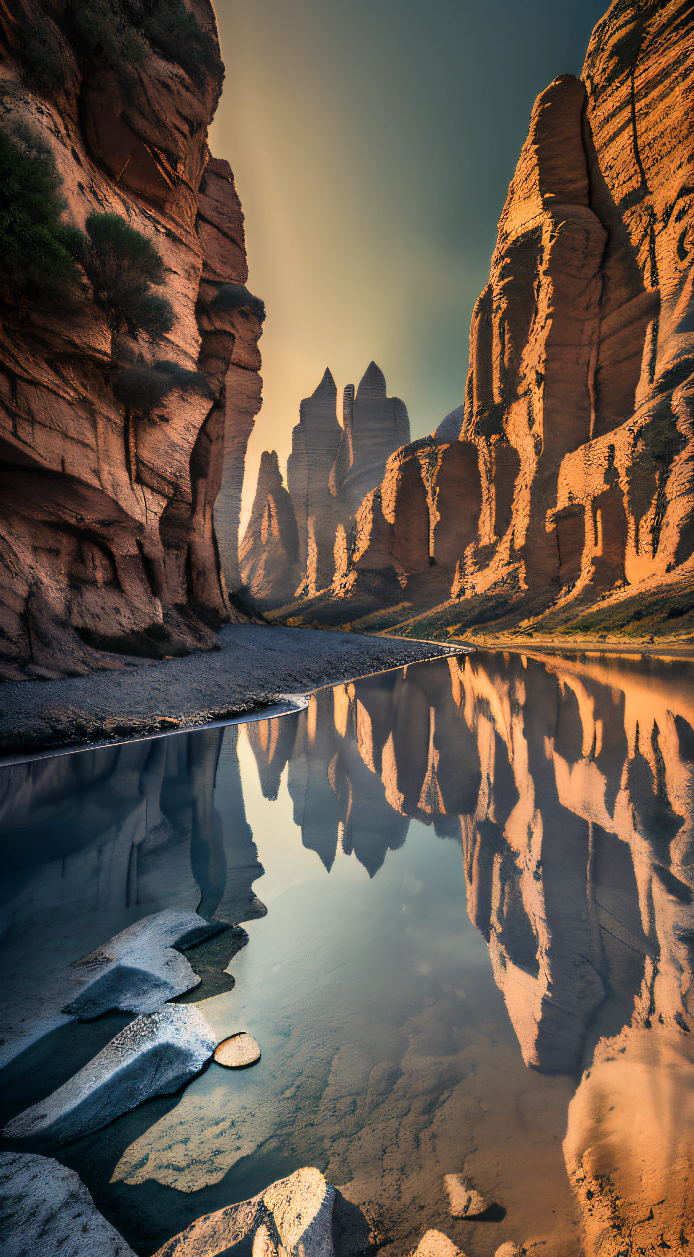 body of water in a desert, in the style of surreal architectural landscapes, national geographic photo, Hasselblad high detail， cinematic Lighting， Reflected Light，Atmospheric Perspective， Panoramic View， F/4.0， nikon， UHQ， super-detail，bestbestquality， 8k