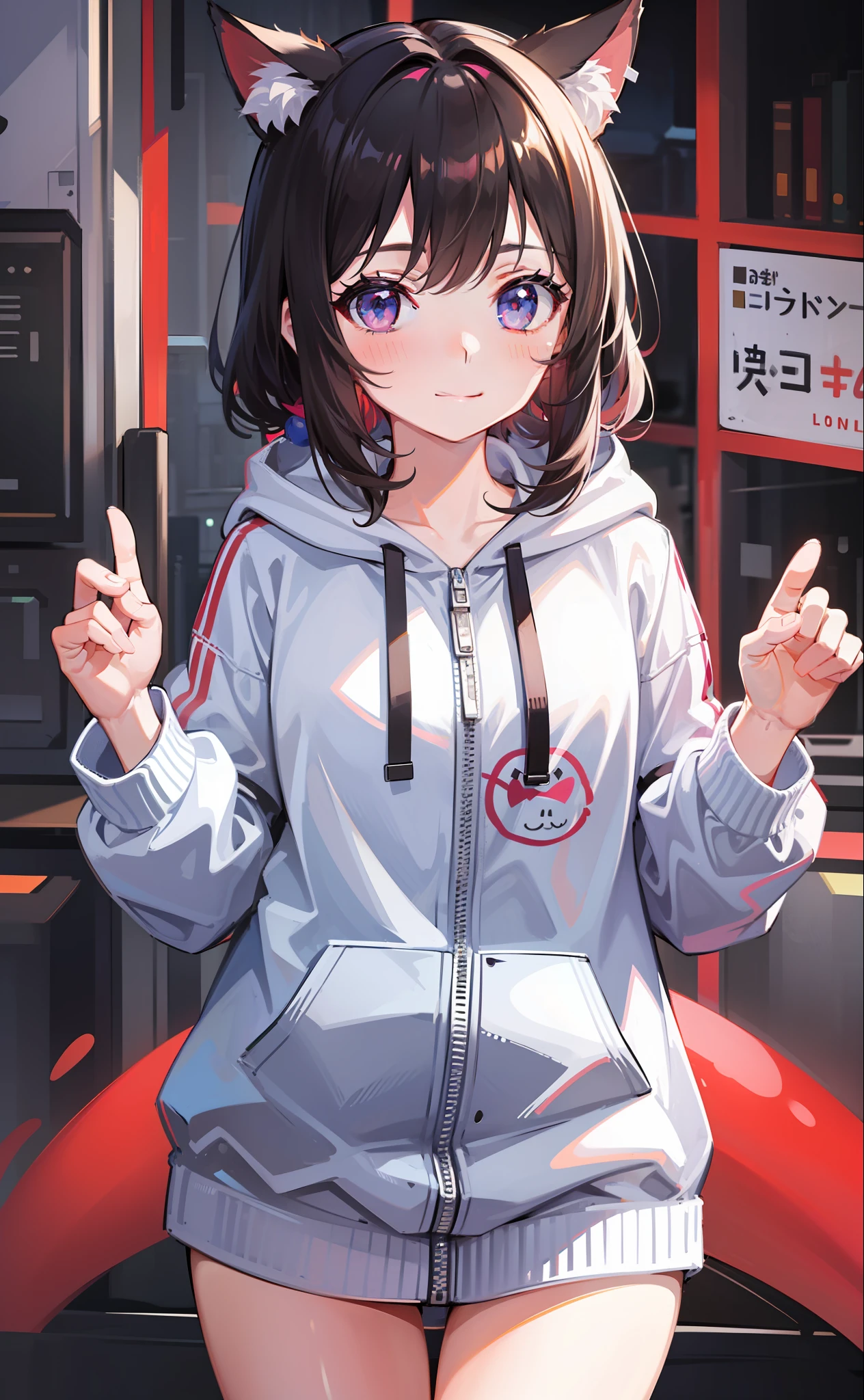 Top Quality, Super Precision, Perfect Anatomy, Absurdity, One Girl, Cute, , Beautiful Girl, Young, Innocent, Smile, Cat Ear Hoodie, Blue Archive Style, Love Viewer, Heart Symbol in Background, Pampered, Love Love, Cheeks Red, Innocent Face, Cowboy Shot