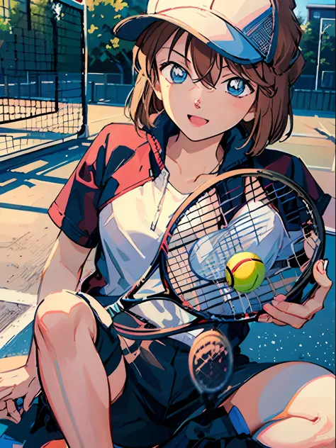 Ai Haibara、playing tennis、tennis court、sun visor、sigh、suou