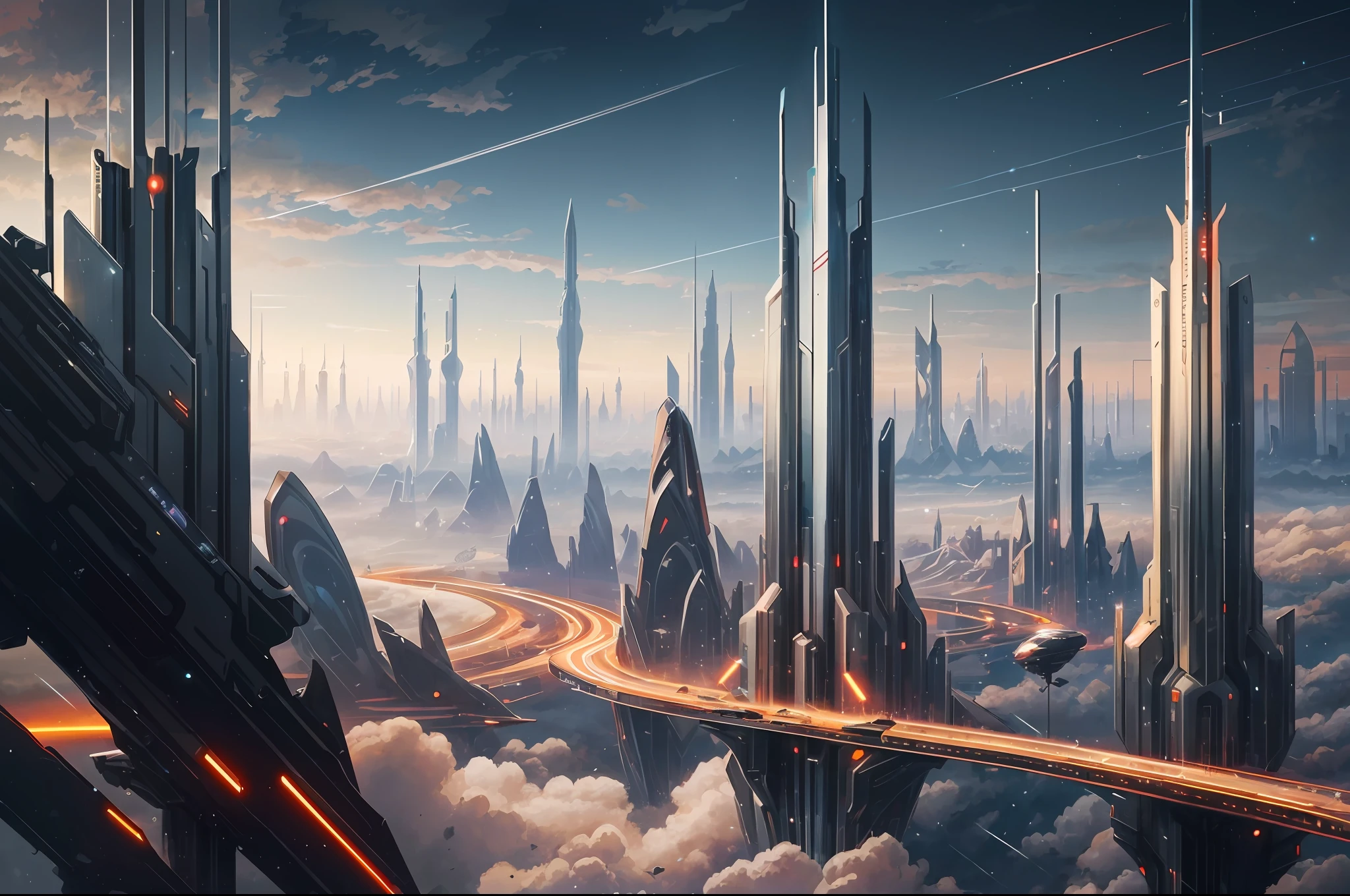arte de ciencia ficción, ciudad futurista por la mañana