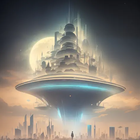 there is a large futuristic masterpiece Arabian castle in Quranic art style in the middle of a futuristic city with a moon, in fantasy sci - fi city, sci-fi fantasy wallpaper, masterpiece concept art cityscape, epic Arabic calligraphy art sci fi illustrati...