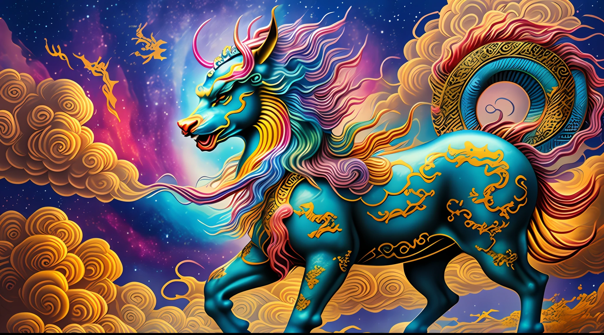 (Best Quality: 1.3), (Masterpiece: 1.3), (Realistic: 1.4) (Legendary Qilin) (Chinese Divine Beast), Dynamic Body Type, Chinese Qilin, Handsome, Chinese Style, ((Full Body)), ((3D)), Floating Hair, Delicate Silhouette, Fantasy Art, Field of View, (Masterpiece), Front Shot, Side Portrait, Stepping on Colorful Auspicious Clouds in the Sky, Mythical Color Background,