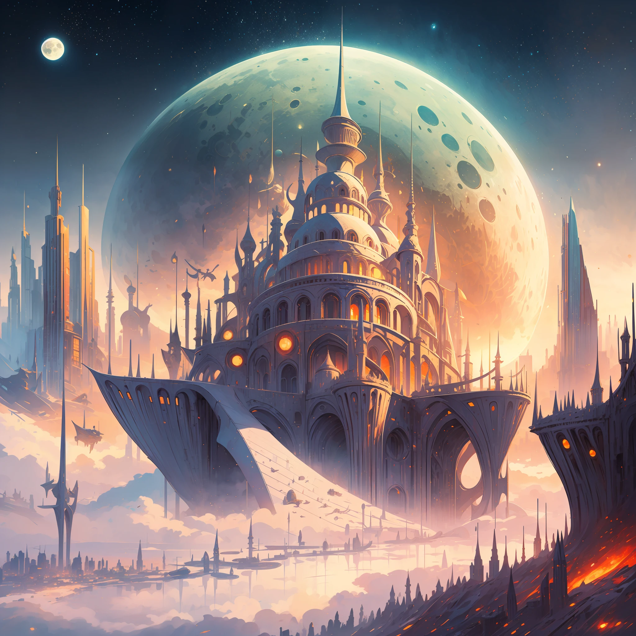 there is a large futuristic masterpiece Arabian castle in Quranic art style in the middle of a futuristic city with a moon, in fantasy sci - fi city, sci-fi fantasy wallpaper, masterpiece concept art cityscape, epic Arabic calligraphy art sci fi illustration, huge futuristic islamic design, fantasy scifi, with masterpiece Quranic art desktop wallpaper, fantasy art city background, in front of a fantasy city, fantasy city, in a castle on an alien planet with masterpiece Calligraphy.