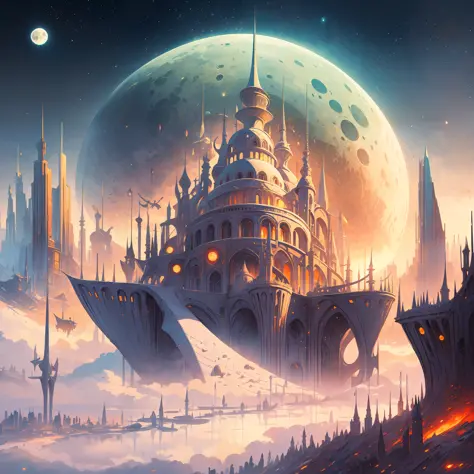 there is a large futuristic masterpiece arabian castle in quranic art style in the middle of a futuristic city with a moon, in f...