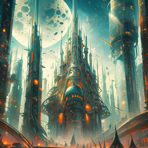there is a large futuristic masterpiece Arabian castle in Quranic art style in the middle of a futuristic city with a moon, in fantasy sci - fi city, sci-fi fantasy wallpaper, masterpiece concept art cityscape, epic Arabic calligraphy art sci fi illustrati...