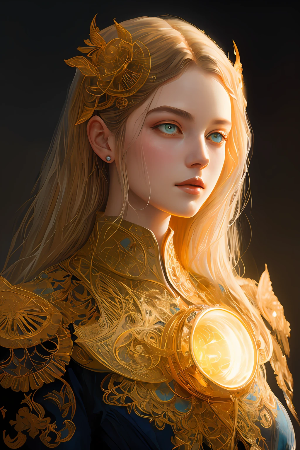 Portrait of a beautiful cyborg with 8k golden hair, intricate, elegant, finely detailed, majestic, digital photography, artgerm and the work of Ruan Jia and Greg Rutkowski, surreal painting, filigree, broken glass, (masterpiece, Side light, fine and beautiful eyes: 1.2), HDR