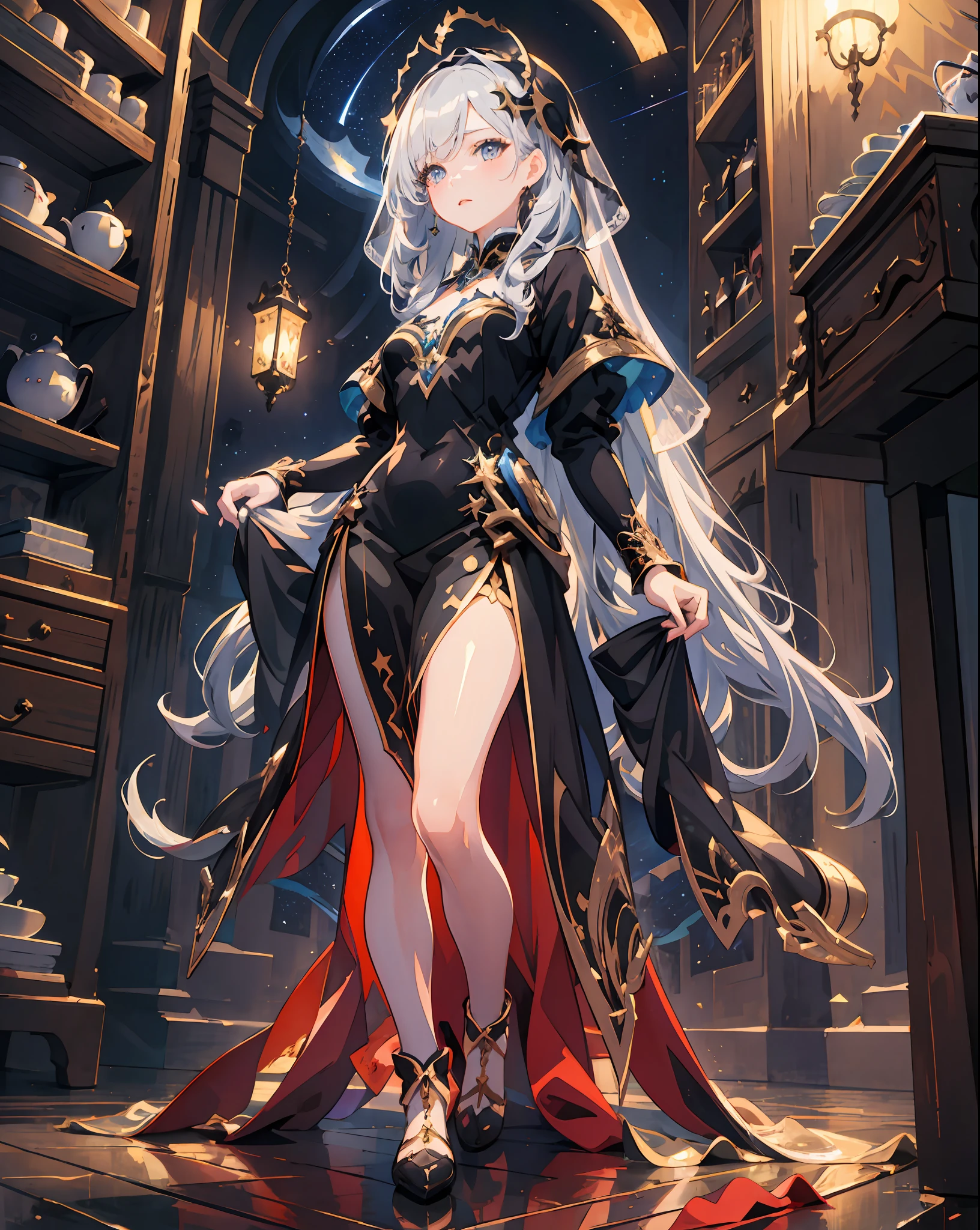 1 girl, (((ultra-detailed))), ((masterpiece)), ((illustration)), sensual, starlight saintess, black ornate dress, curvaceous woman, head veil, long silver hair, fair skin, droopy eyes, starry eyes like the night sky, bust up, facing forward