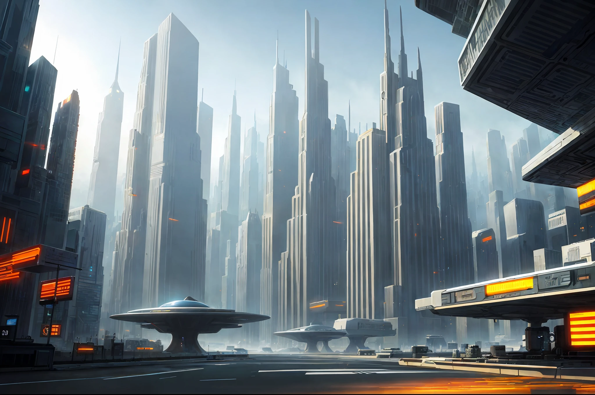 science fiction art, futuristic city in the morning