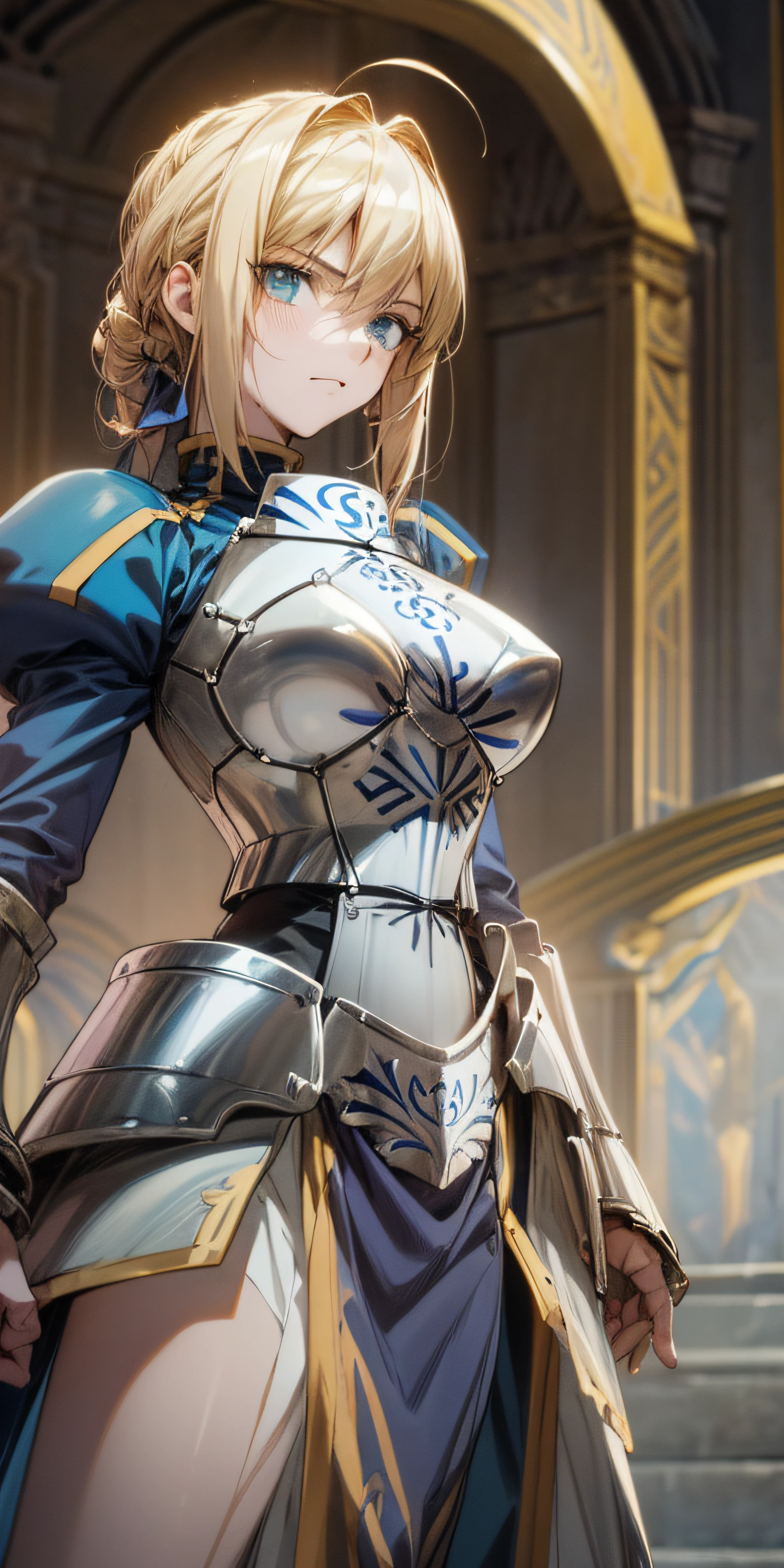 Artoria Pendragon \ (Destiny\, Masterpiece, Best Quality, High Resolution, Ultra Detailed, Art Book, Anime Coloring, CG, Illustration, Fantasy, 1 Girl, Solo, Blood, Male Focus, Looking at the Audience, Artorian Pendragon \ (Destiny\), Armor, Detailed Beautiful Face and Eyes, Full Body , Mild Sunlight ,Warm Environment, Capable and Slender Figure, Big Breasts ,Dexterous Dynamics, Dimly lit Surrounding Light Gathered on Maiden, Greece